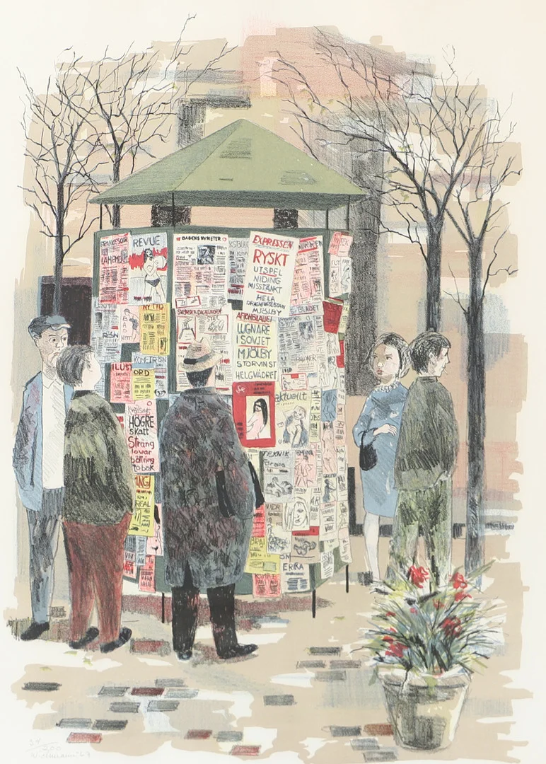 HARRY WICHMANN. Löpsedlar, färglitografi, signerad Wickmann -67. — Engravings & Prints — Helsingborgs Auktionskammare