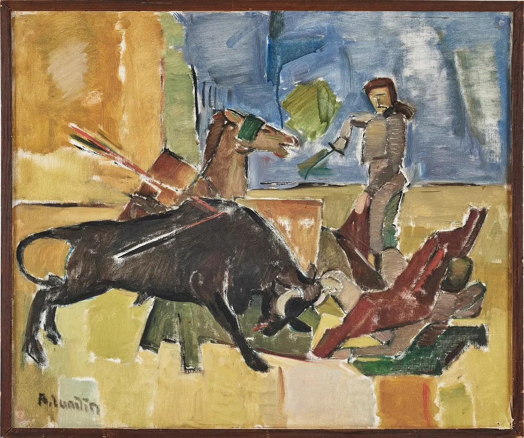 ALVAR LUNDIN (1894-1975). tjurfäktning, olja på duk uppfodrad på pannå, signerad. — Paintings — Stockholms Auktionsverk Magasin 5