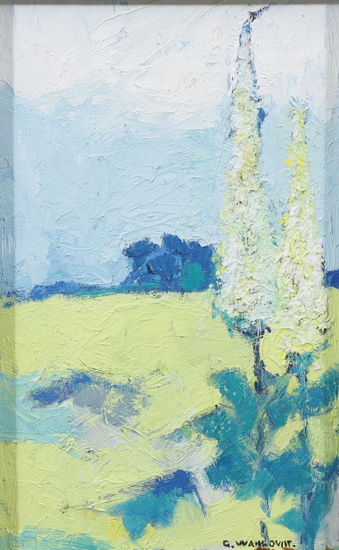 GUNNEY WAHLQVIST. Utsikt med träd. Olja på pannå, signerad. — Paintings — Växjö Auktionskammare