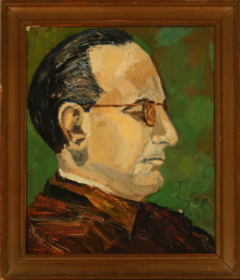 UBEKENDT KUNSTNER. Mandsportræt, olie på plade, signeret og dateret 1944. — Paintings — Palsgaard Kunstauktioner