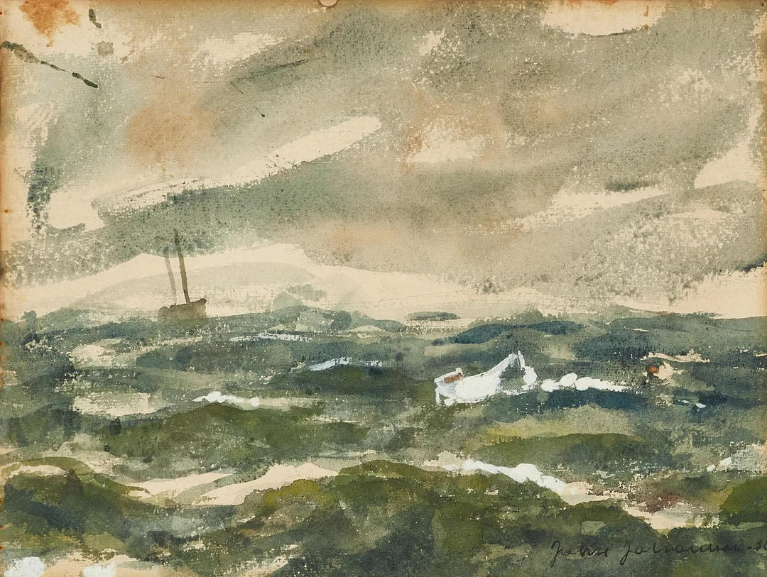 OIDENTIFIERAD KONSTNÄR. "Det blåser upp", signerad och daterad -30, blandteknik. — Paintings — Crafoord Auktioner Stockholm