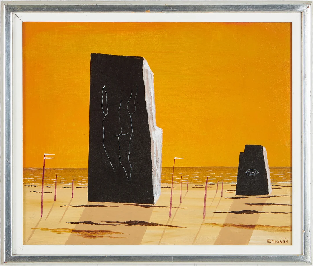 ESAIAS THORÉN. Surrealistiskt strandlandskap, olja på pannå, signerad. — Paintings — Stockholms Auktionsverk Magasin 5