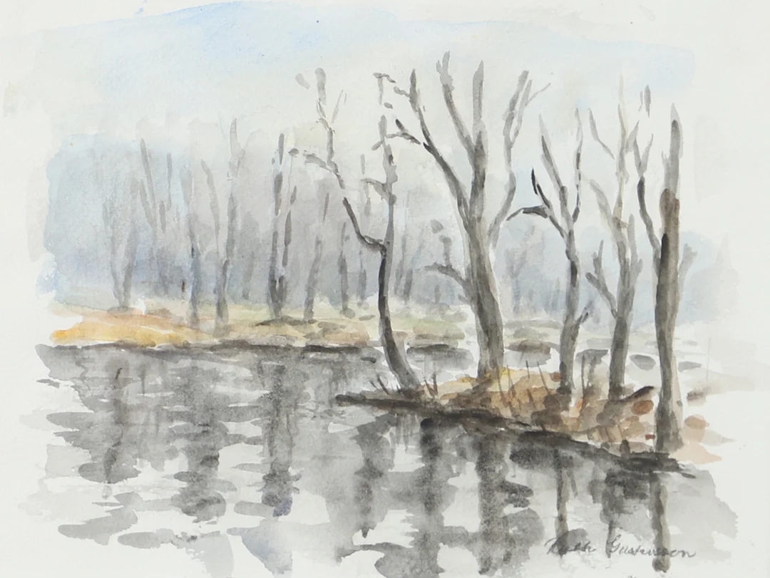 RUTH GUSTAVSSON. Sjölandskap, akvarell, signerad. — Paintings — Helsingborgs Auktionskammare