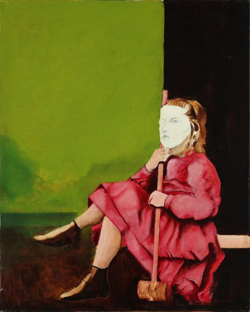 Hans Henrik Lerfeldt: Girl with Croquet mallet. Unsigned. Oil on canvas. 97×81 cm. — Modern Paintings/Modern art — Bruun Rasmussen