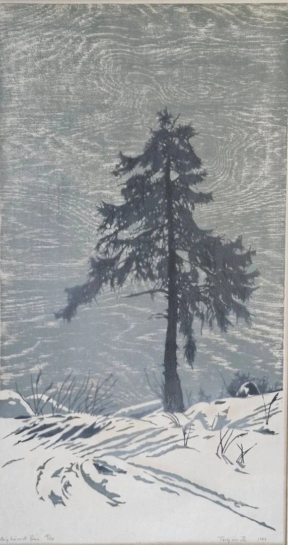TORBJÖRN ZETTERHOLM. "Gran". Originalträsnitt, signerad Torbjörn Z, numrerad 18/20 och daterad 1966. — Engravings & Prints — Auktionshuset Thörner & Ek