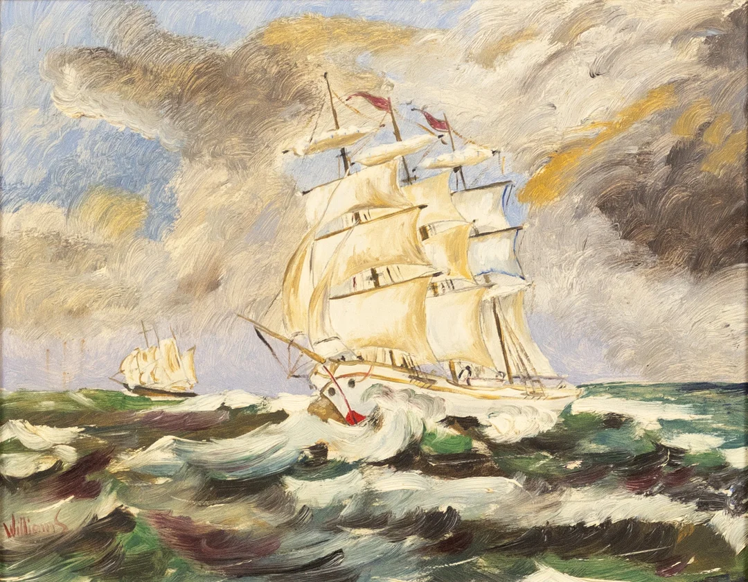 OIDENTIFIERAD KONSTNÄR. olja på pannå, skeppsmålning, signerad William S. — Paintings — Karljohan Auktioner