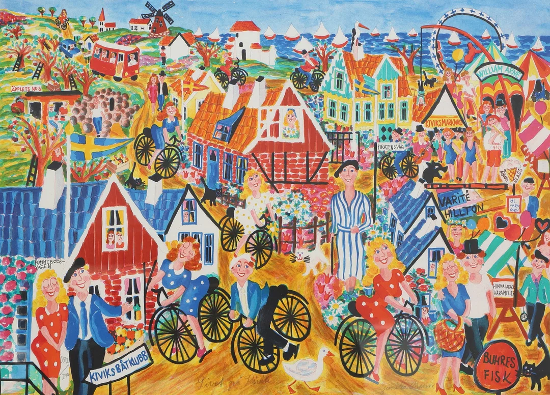 GUNILLA MANN. Färglitografi, "Livet på Kivik", signerad, numrerad 282/290. — Engravings & Prints — Ekenbergs Auktioner