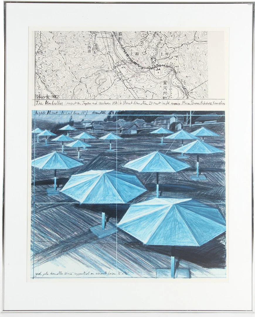 CHRISTO & JEANNE CLAUDE. Tryck, The Umbrellas (Joint Project for Japan and Western USA). — Engravings & Prints — Auktionsverket Engelholm