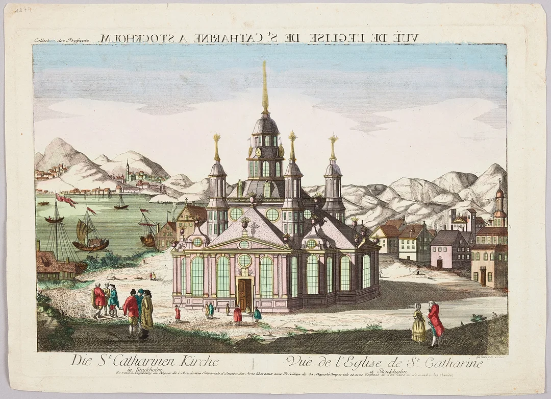 KATARINA KYRKA I STOCKHOLM, tittskåpsvy, ca 1770. — Maps — Stockholms Auktionsverk Magasin 5