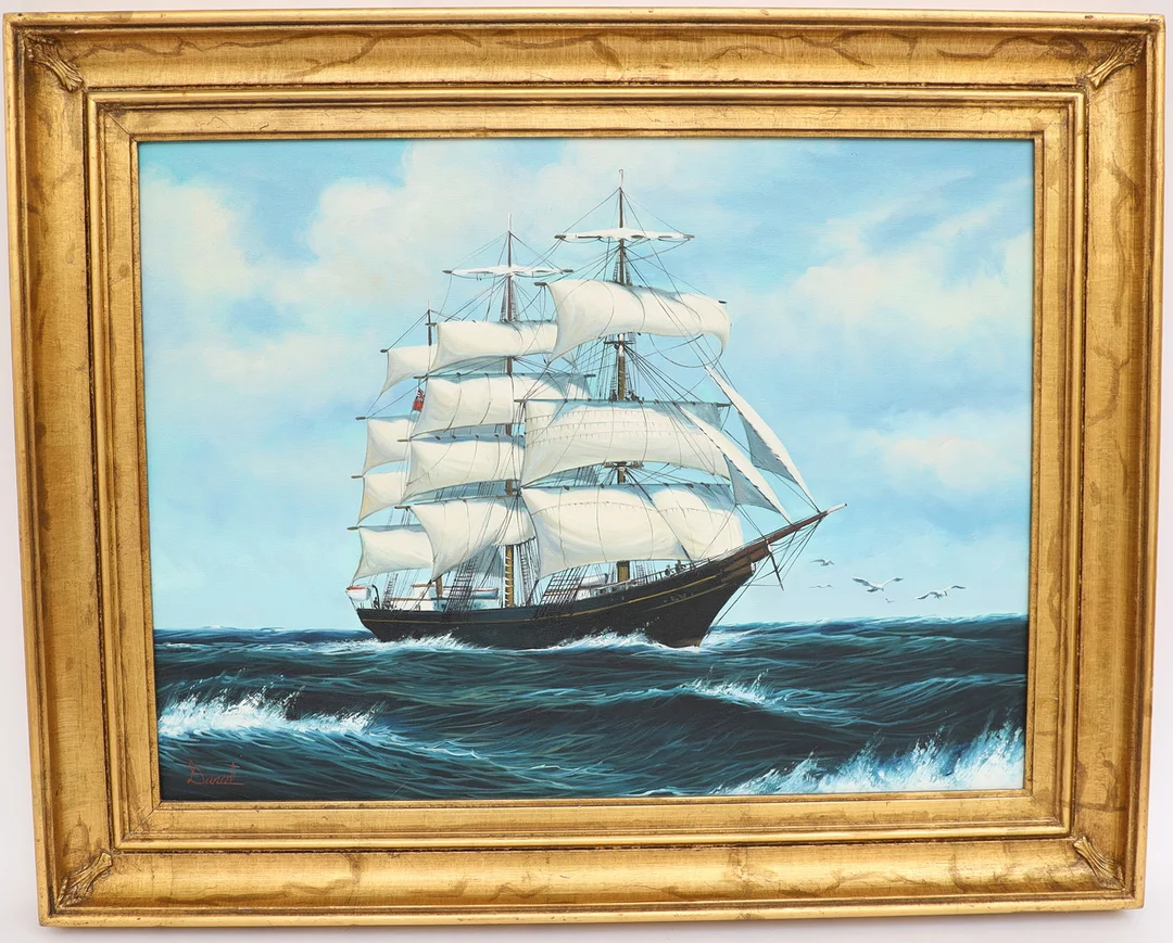 OIDENTIFIERAD KONSTNÄR. Havsbild med fartyg, oljemålning på duk, signerad Daniel. — Paintings — Falun Auktionsbyrå