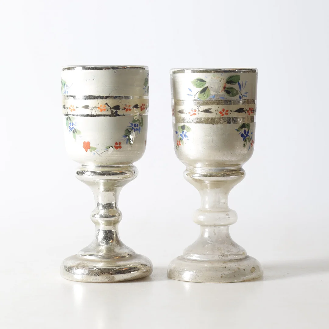 POKALGLAS, 2 st, kvicksilverglas, s.k. "Fattigmanssilver", 1800-/1900-tal. — Utility glass — Gomér & Andersson Nyköping