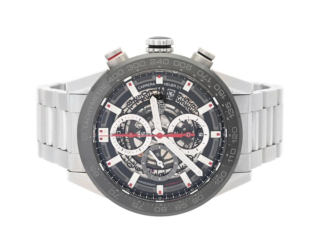 TAG HEUER, Carrera, "Tachymetre", Cal Heuer 01, Serie nr. WPK4329, Ref nr. CAR201V.BA0714, Boett nr. CAR201V, kronograf, herrur, 43 mm, stål, automatisk, safirglas, skeletterat urtavla, datum, svart keramisk bezel, glasbaksida, originallänk, viklås, Ref nr. FC5073/Y-S4, cert (digital), november 2018, box, ytterkartong. — Klockor/Tag Heuer — Kaplans