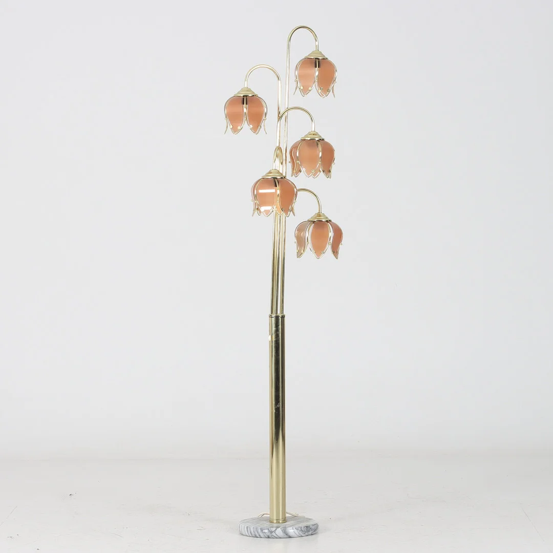 GOLVLAMPA, fem tulpankupor i glas, stomme av gulmetall, stenfot, typ 5, Galleria-Import. — Floor lights — Stadsauktion Sundsvall