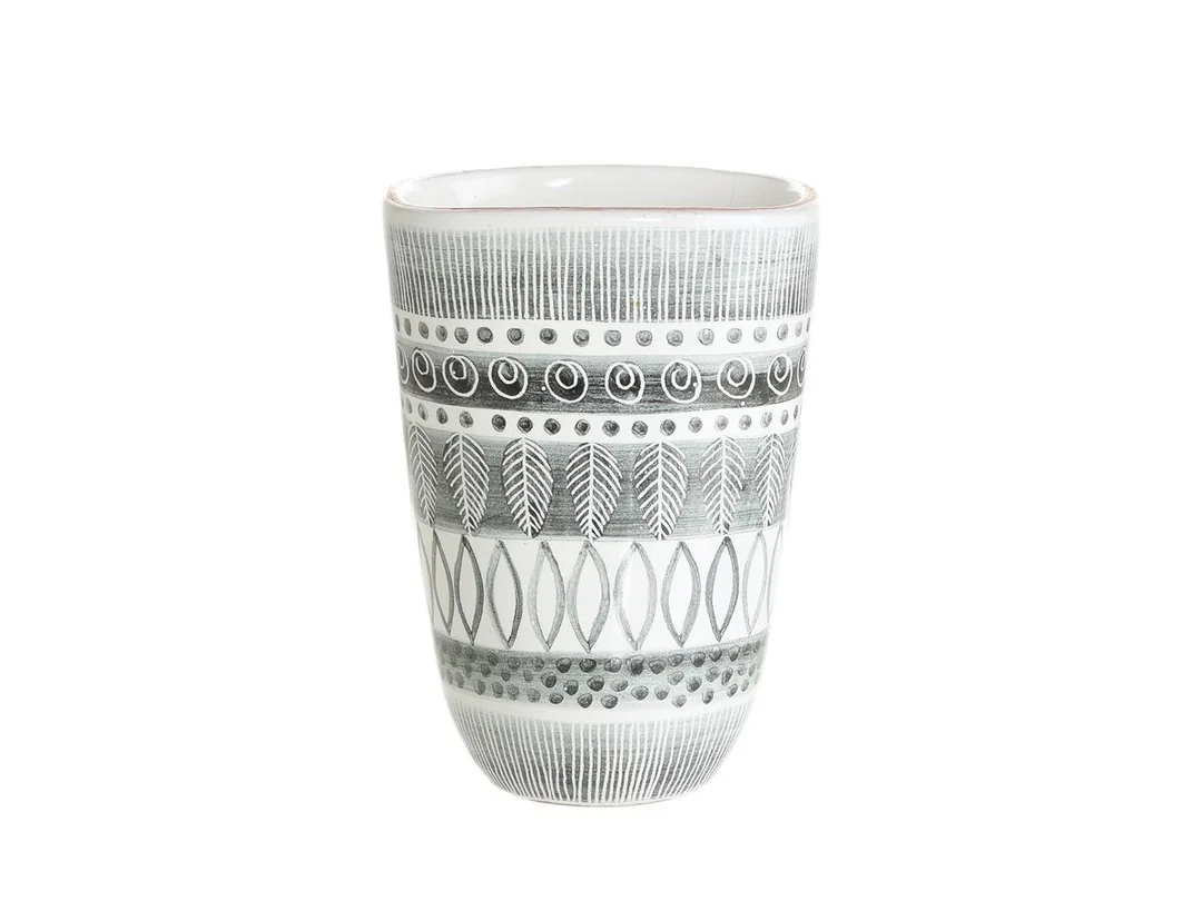 VAS, lergods, modell 121, Ingrid Atterberg, Uppsala Ekeby, grafika, 1900-talets mitt, höjd 14 cm, diameter 9,5 cm, bruksslitage. — Keramik/Vaser — Kaplans
