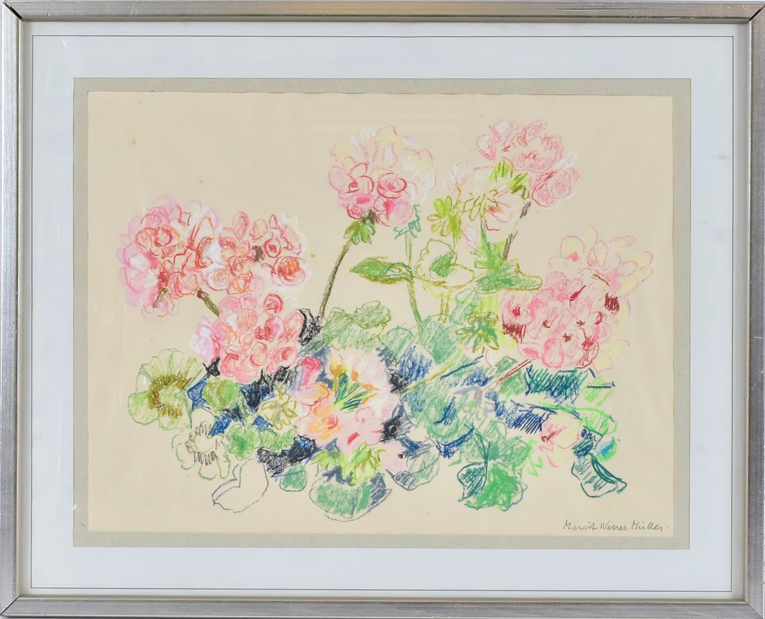 MARGIT WENER-MÜLLER. pastellkrita, blomsterstilleben. — Drawings — Halmstads Auktionskammare