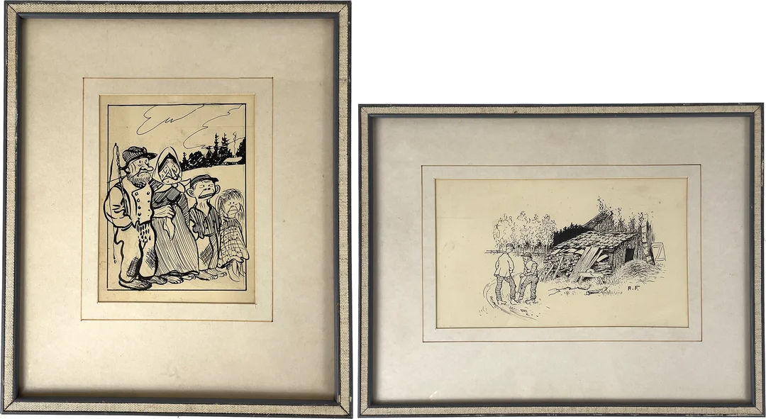 OKÄNDA KONSTNÄRER, 2 st, teckningar, figurscener, en monogramsignerad A. F., en osignerad. — Drawings — Roslagens Auktionsverk