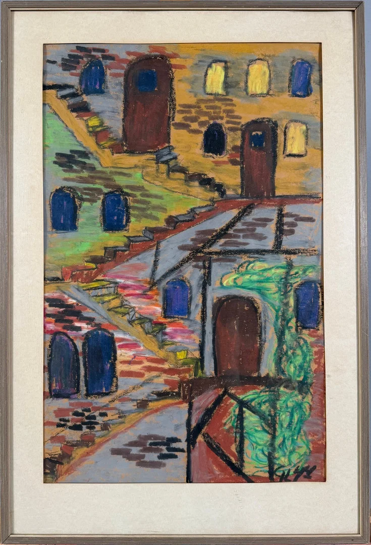 OIDENTIFIERAD KONSTNÄR (1900-tal). Komposition med trappor, pastell, monogramsignerad och daterad 44. — Paintings — Skandia Auktion