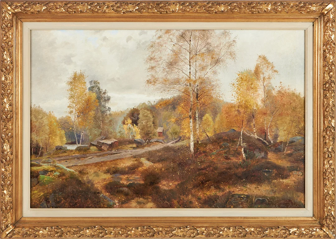 OLOF KRUMLINDE (1856-1945). Höstlandskap, olja på duk, signerad och daterad 1889. — Paintings — Stockholms Auktionsverk Magasin 5