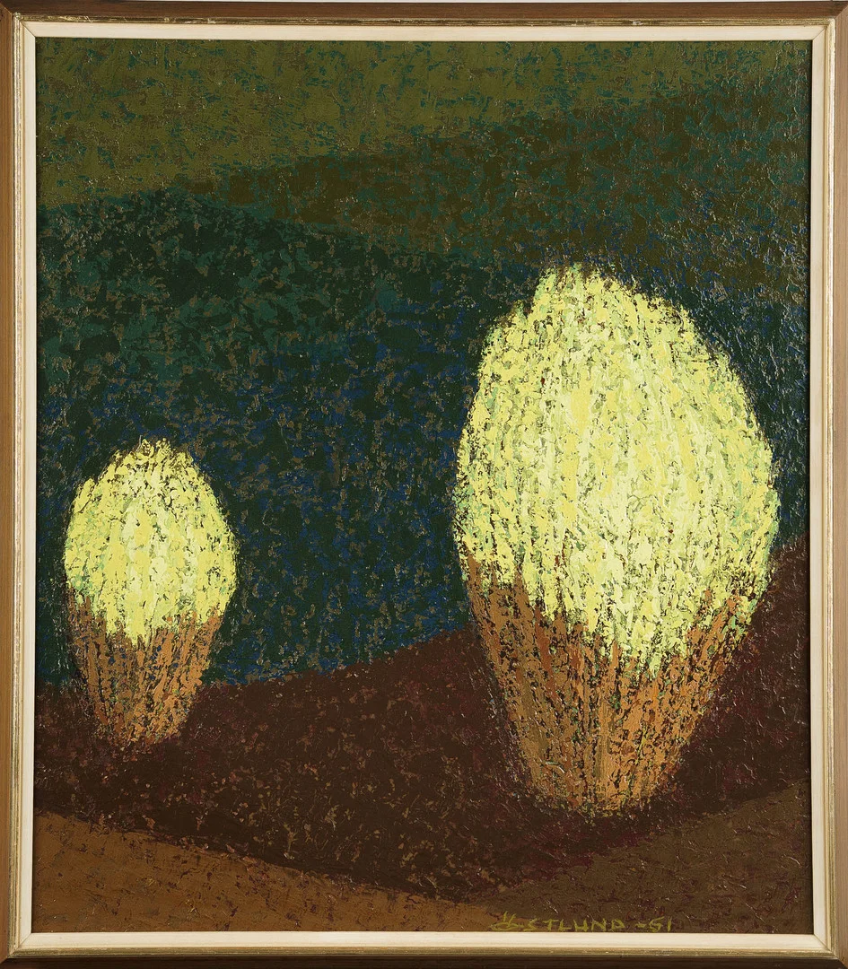 KJELL ÖSTLUND. Olja på pannå, "Nyss utsprucket" signerad, daterad 1961. — Paintings — Norrlands Auktionsverk