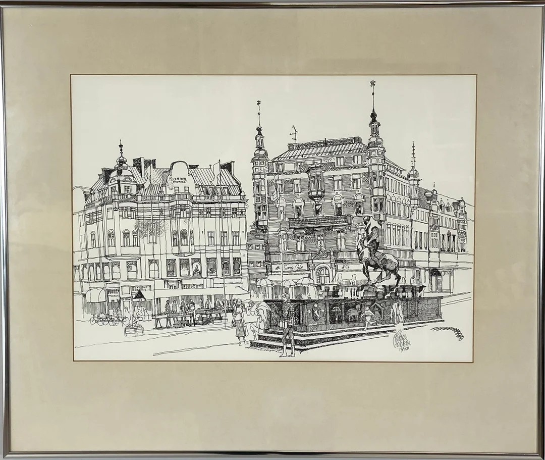CLAES FOLCKER. Linköpingsmotiv, litografi, numrerad 12/150, signerad. — Engravings & Prints — Roslagens Auktionsverk