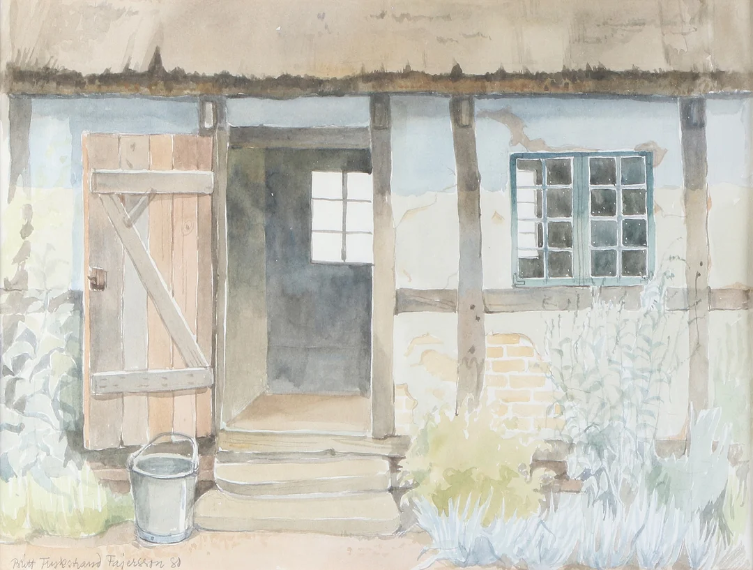 BRITT FRYKSTRAND-FAJERSSON. Akvarell. "Välkommen". Signerad. — Paintings — Skånes Auktionsverk