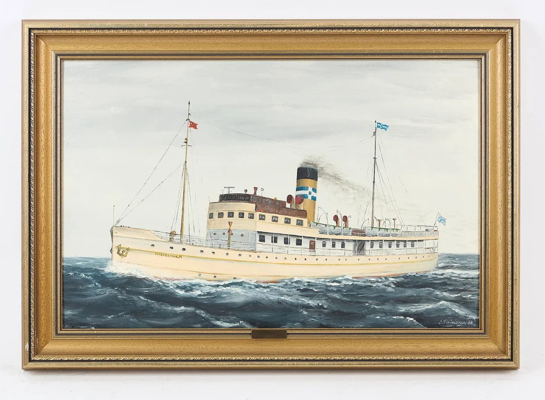 OIDENTIFIERAD KONSTNÄR, SKEPPSPORTRÄTT, "Kastelholm", signerad T. Heinonen samt daterad -88, olja på dukpannå. — Paintings — Stockholms Auktionsverk Helsinki