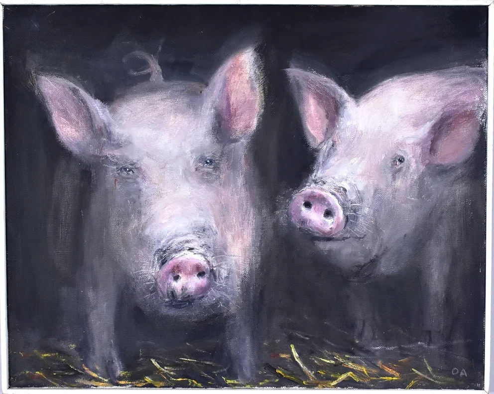 OLLE AGNELL. oljemålning på duk, "Dagen efter" - två grisar. — Paintings — Halmstads Auktionskammare