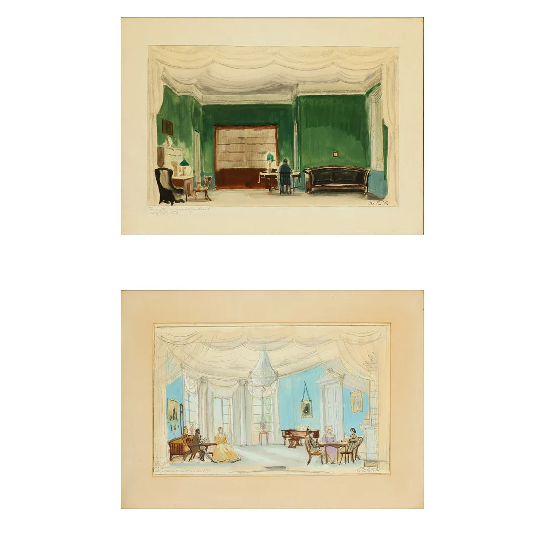 OVE CHRISTIAN PEDERSEN. To scenografi udkast fra Ivan Turgenjevs 'En måned på landet' på Det Kgl. Teater, bly og gouache, signeret og dateret 1953 (2). — Drawings — Palsgaard Kunstauktioner