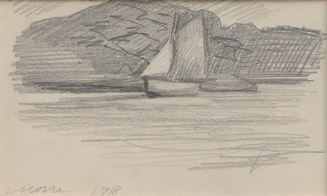 MOSSE STOOPENDAAL. Blyertsteckning, segelbåt, signerad Mosse och daterad 1918. — Drawings — Ekenbergs Auktioner