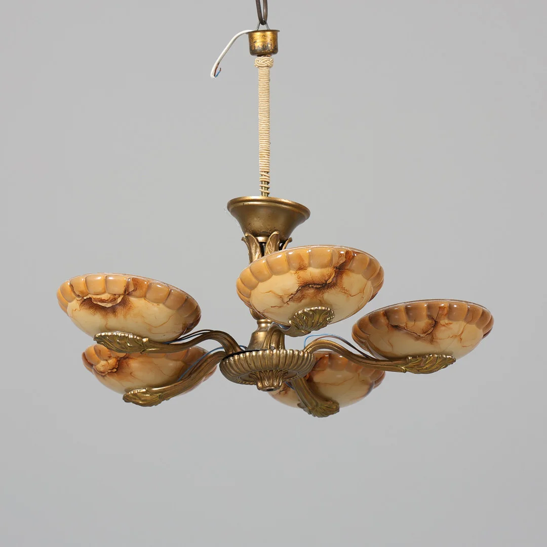 TAKLAMPA, 1900-talets första hälft, glas samt metall, 5-armad. — Ceiling lights — Borås Auktionshall
