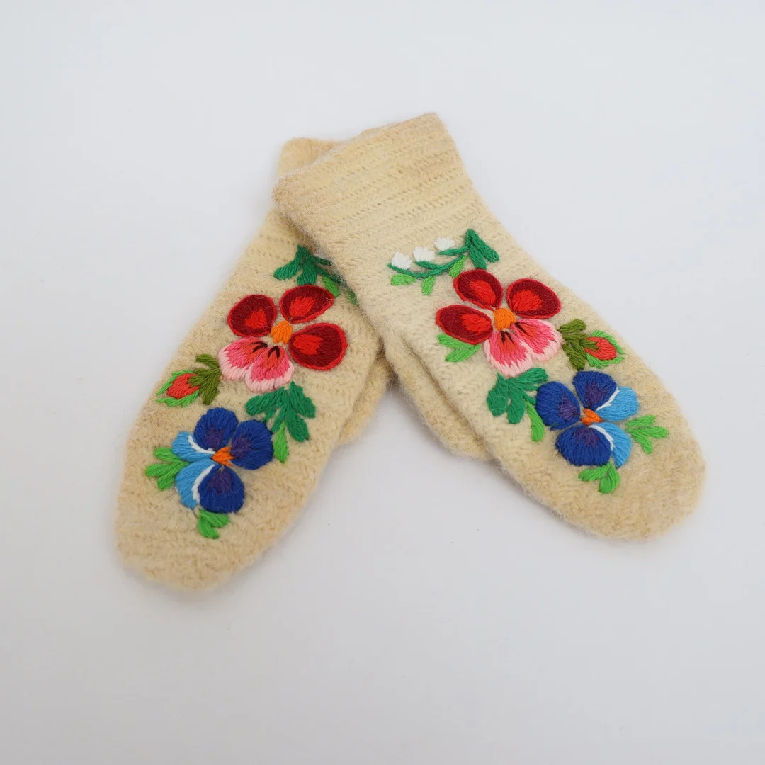 DRÄKTHANDSKAR, Dala-floda, med broderad dekor. — Vintage & Designer Fashion — Falun Auktionsbyrå