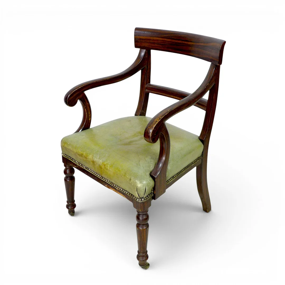 AN EDWARDIAN MAHOGANY GOVERNMENT MINISTRY OPEN ARM DESK CHAIR BY R TYZACK OF HIGH WYCOMBE. — Armchairs & Chairs — Batemans of Stamford
