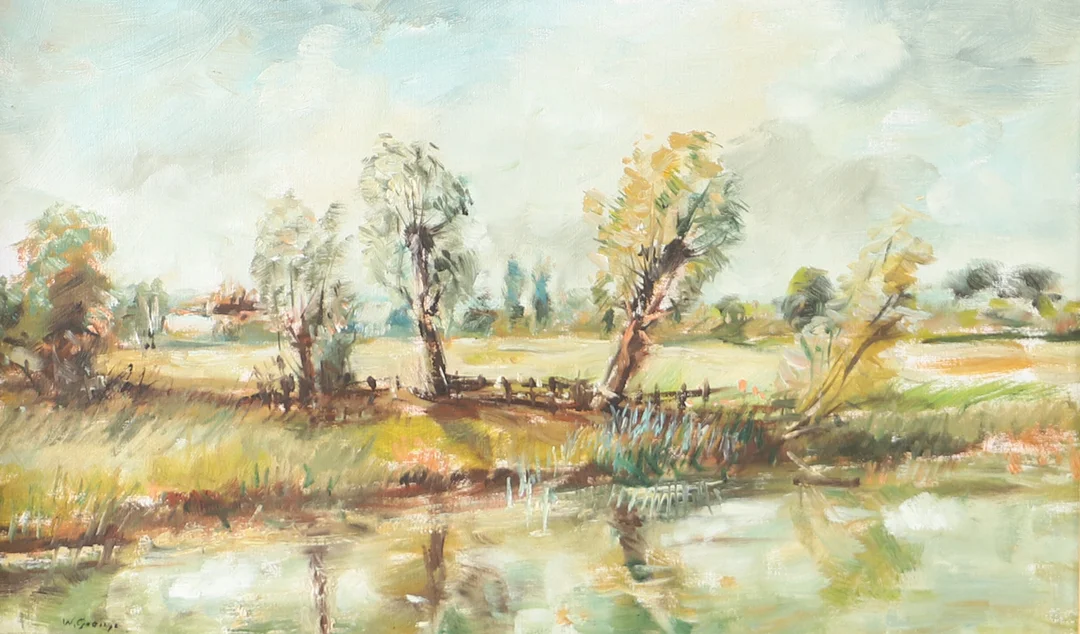 OIDENTIFIERAD KONSTNÄR. Landskap med träd, olja på duk, signerad W. Grange. — Paintings — Helsingborgs Auktionskammare