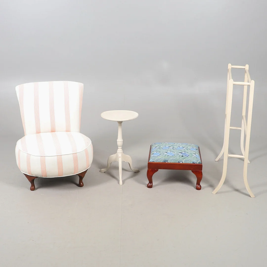 A PAINTED TOWEL RAIL, PAINTED WINE TABLE AND A UPHOLSTERED BEDROOM CHAIR. — Other — Lawrences Auctioneers
