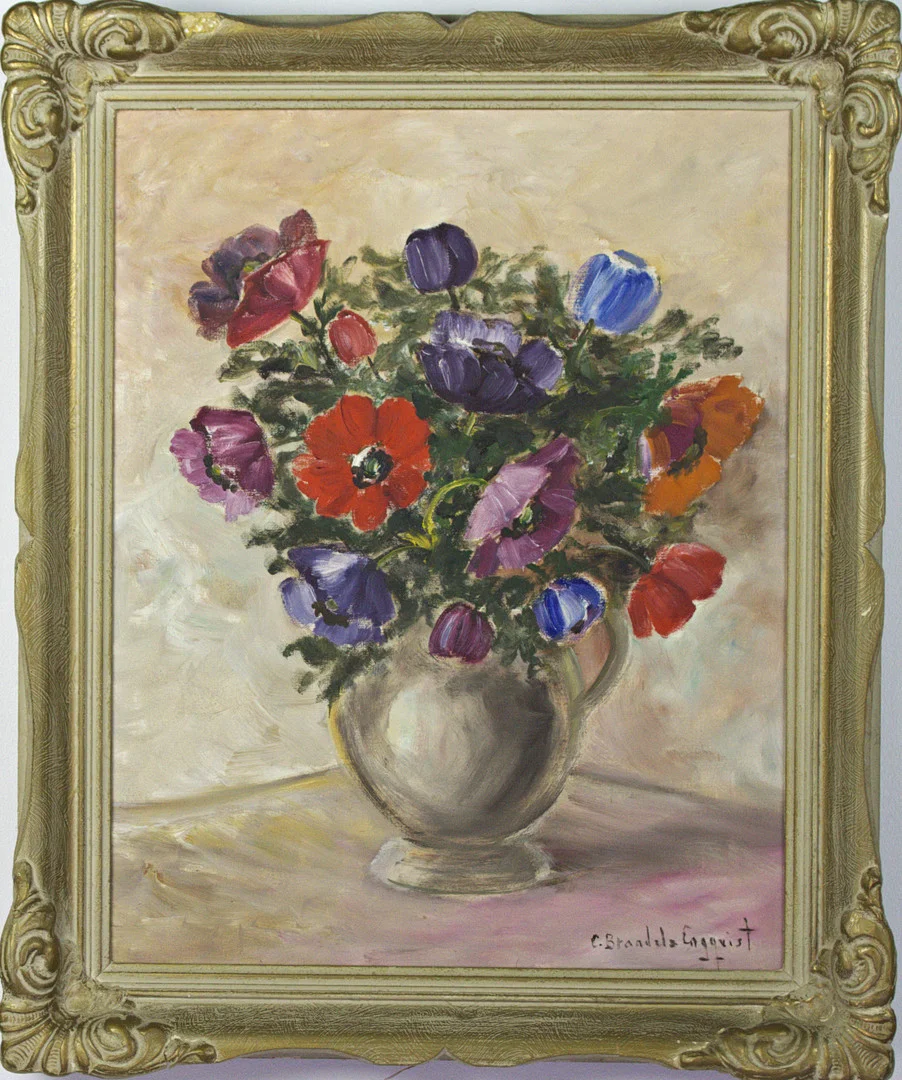 CARIN BRANDEL ENGQVIST. Olja på duk, blomsterstilleben, signerad. — Paintings — Höganäs Auktionsverk