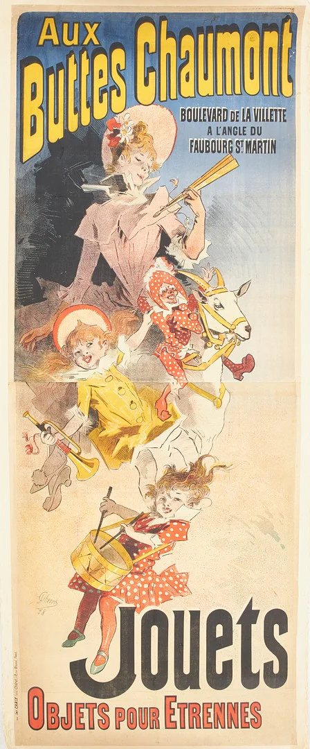 JULES CHÉRET. EFTER. Affisch, Aux Buttes Chaumont, papper uppfodrat på linne, signerad i trycket, nr. 675. Imprimerie Chaix, Paris. — Engravings & Prints — Stockholms Auktionsverk Sickla