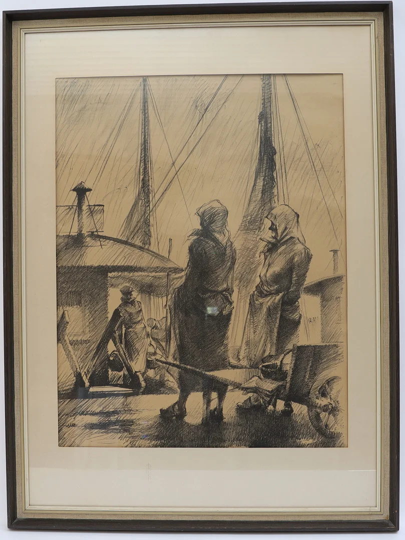 OKÄND KONSTNÄR. Fiskehamn med figurer, kolteckning, osignerad. — Paintings — Falun Auktionsbyrå