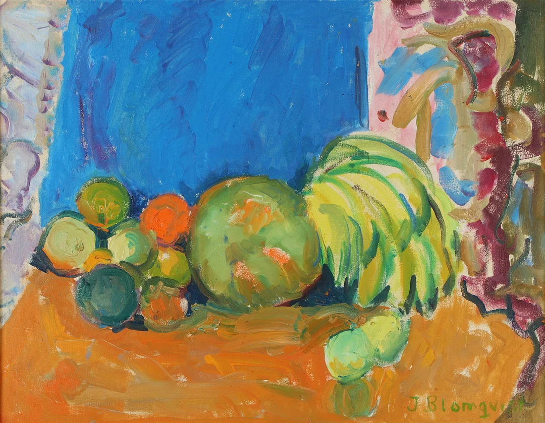 INGE BLOMQVIST. Oljemålning på duk "Uppställning, Dominica". Signerad. — Paintings — Skånes Auktionsverk