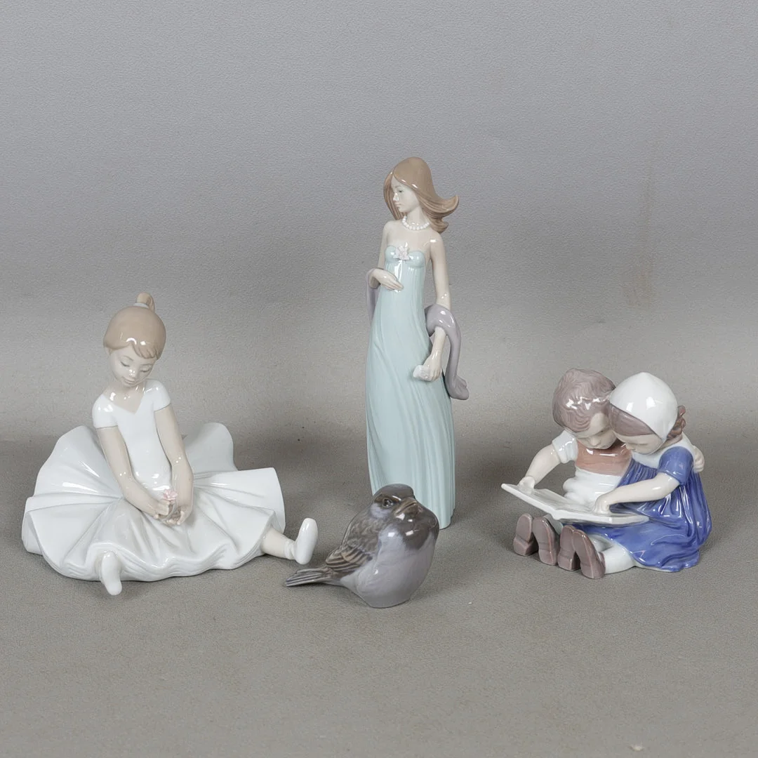 NAO BALLERINA GIRL, LLADRO LADY IN GREEN DRESS, BING AND GRONDAHL GIRL, ROYAL COPENHAGEN BIRD 1519 (4). — European — Bishop & Miller
