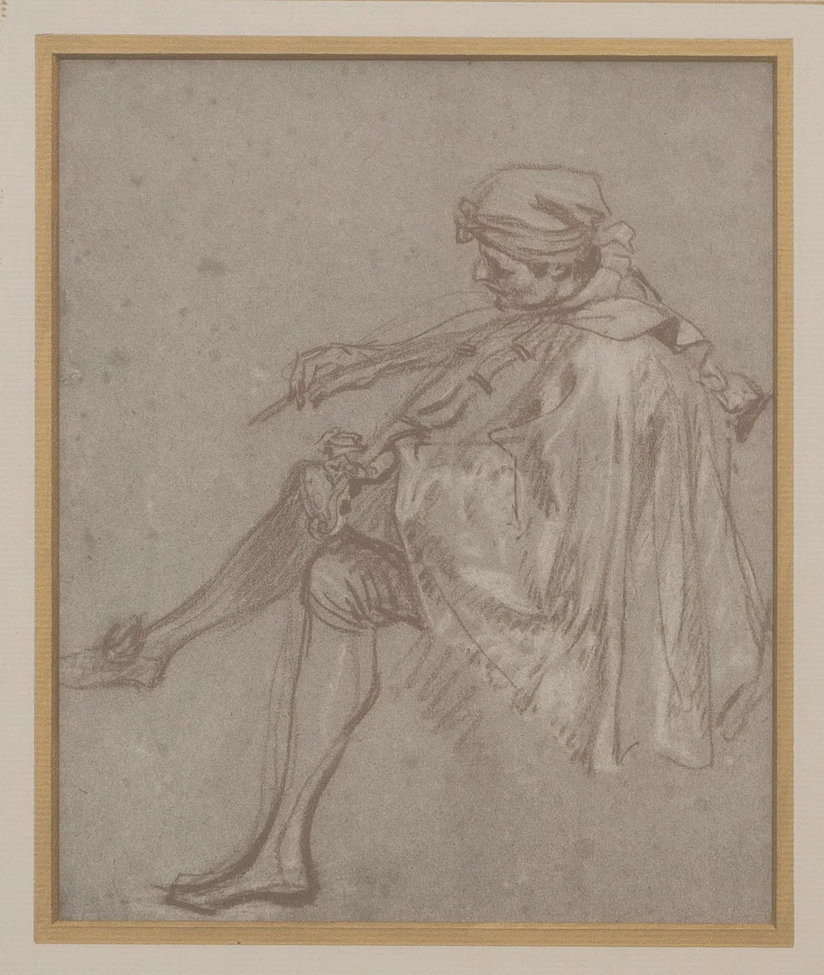 ANTOINE WATTEAU (HOLLAND 1684-1721). EFTER. Sittande man spelande på violin, litografiskt tryck, signerad i tryck. — Engravings & Prints — Garpenhus Auktioner