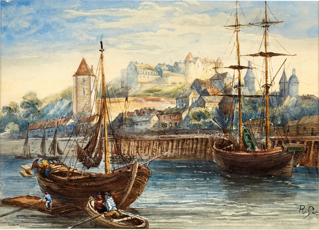 OIDENTIFIERAD KONSTNÄR. Hamnstad, akvarell, signerad, sannolikt England, 1800-tal. — Paintings — Crafoord Auktioner Stockholm