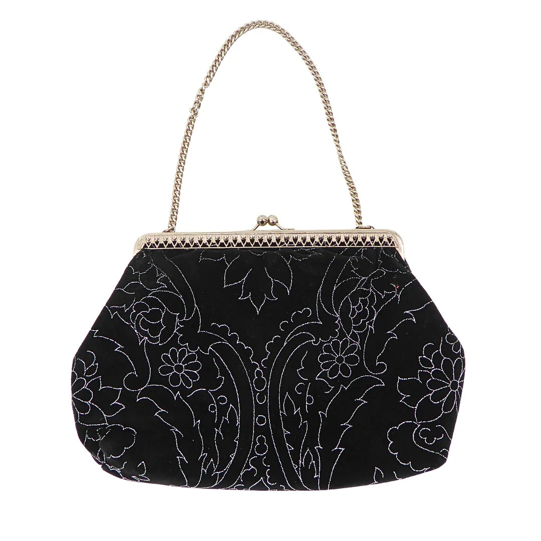 SCHWARZE HANDTASCHE, SAMT MIT STICKEREI. — Vintage & Designer Fashion — Auktionshaus Stuber's Hammerschlag