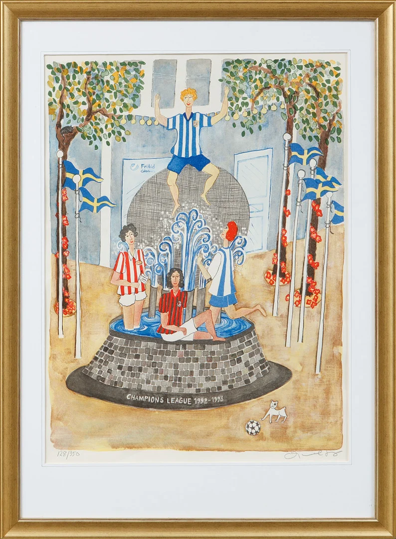 MARIKA LANG. "Champions League 1992-1993", färglitografi, signerad och numrerad 128/350. — Engravings & Prints — Göteborgs Auktionsverk