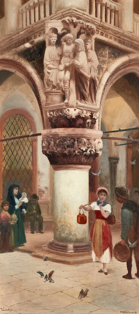 FRANS WILHELM ODELMARK (1849-1937). Gatumotiv från Venedig. Signerad F.W. Odelmark Venedig. Olja på duk. — Paintings — Crafoord Auktioner Stockholm