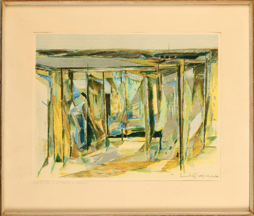 EMIL GREGERSEN (1921-93). Litografisk tryk i farver 'Århus TV-sender set fra Stejlepladsen på Strandvejen', signeret og dateret 1960. — Engravings & Prints — Palsgaard Kunstauktioner
