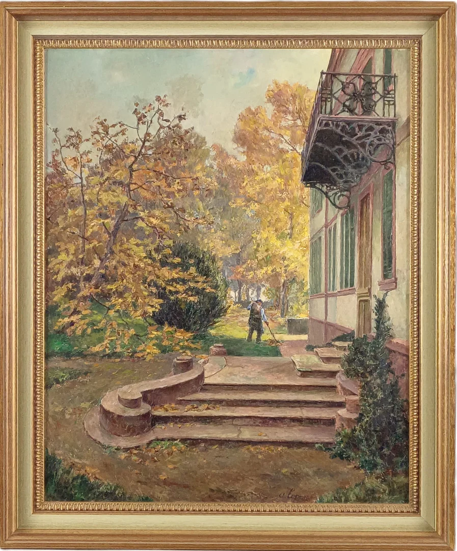 LAPPE, A. Herbstliche Parkszene mit laubkehrendem Gärtner, Öl auf Hartfaserplatte, 20 Jh. — Paintings — Auktionshaus Blank