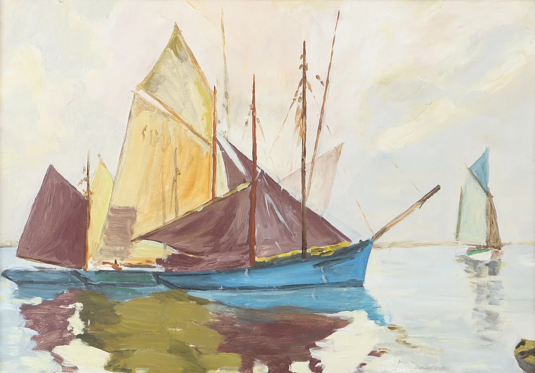 OKÄND KONSTNÄR. Segelbåtar i stilla vatten, olja på pannå, osignerad. — Paintings — Helsingborgs Auktionskammare