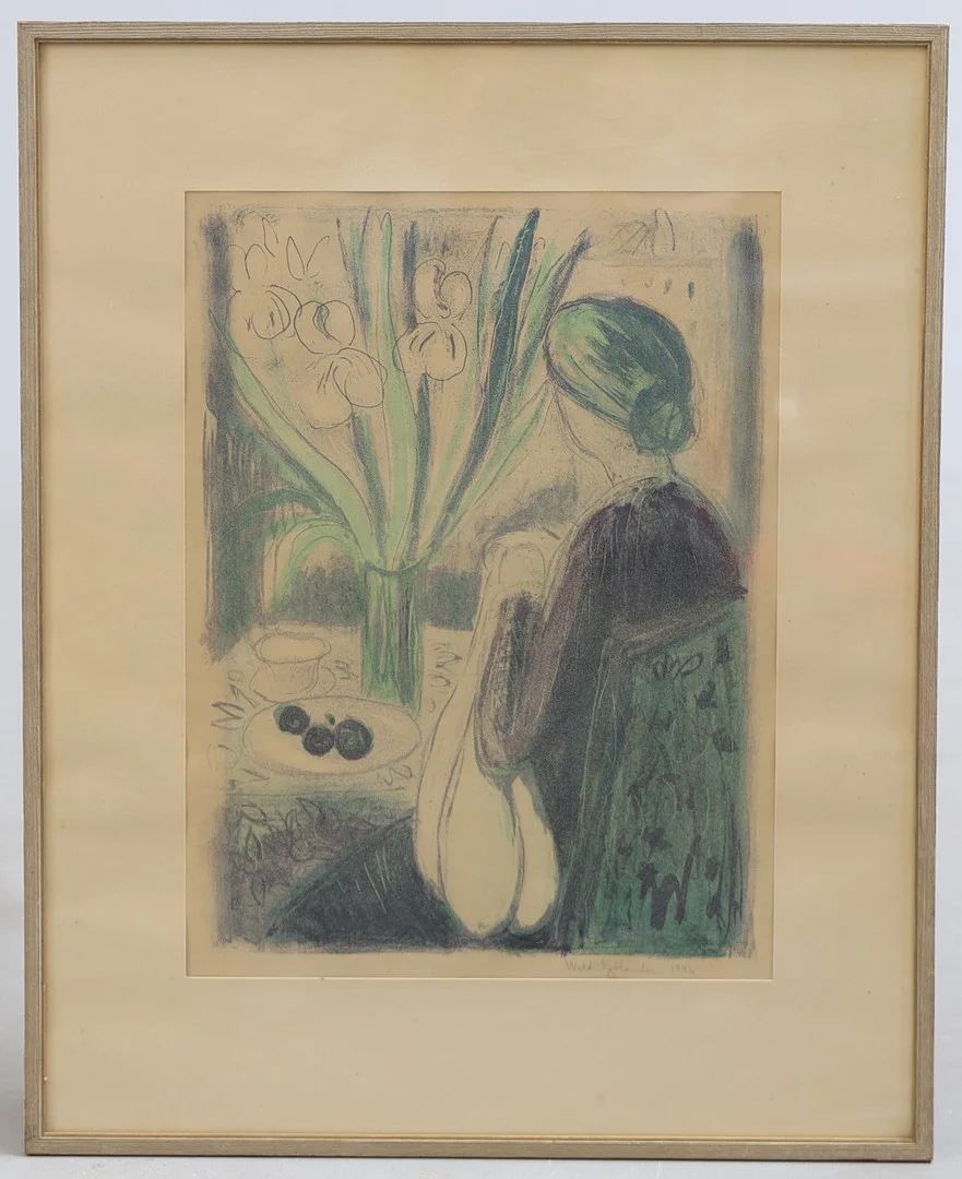 WALDEMAR SJÖLANDER. Interiör med sittande kvinna, tryck, signerad samt daterad 1946. — Engravings & Prints — Gomér & Andersson Nyköping