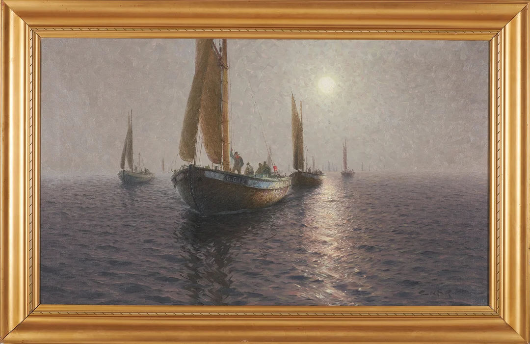 OIDENTIFIERAD KONSTNÄR. Fiskebåtar, olja på duk, signerad. — Paintings — Stockholms Auktionsverk Sickla