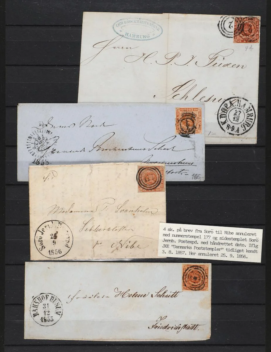 1854. 4 Skilling, brown. Accumulation with 8 covers incl. an early usage of a railway canc. — Stamps, Covers & Postal History/Denmark/1854-udgave — Bruun Rasmussen